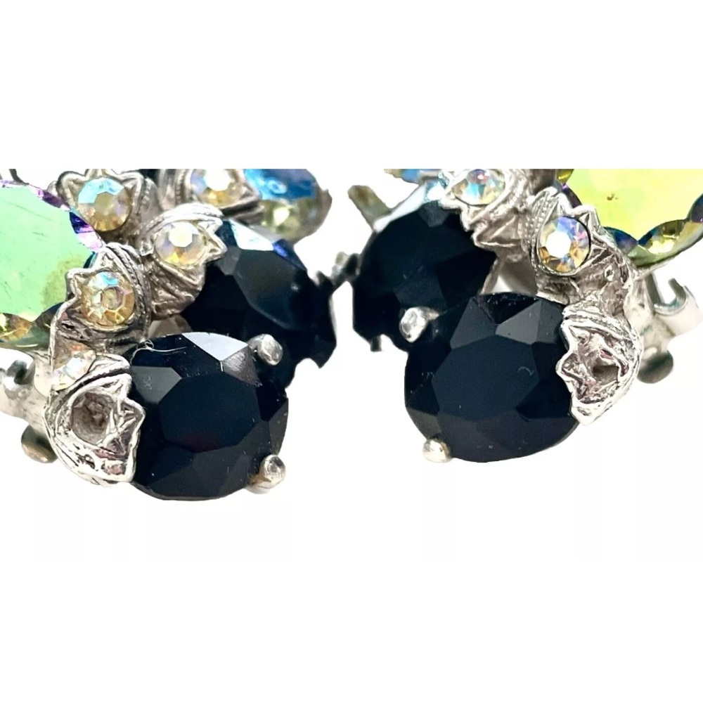 Schiaparelli Bracelet + Earrings Set Aurora Borealis AB Black Rhinestones VTG - Picture 12 of 15
